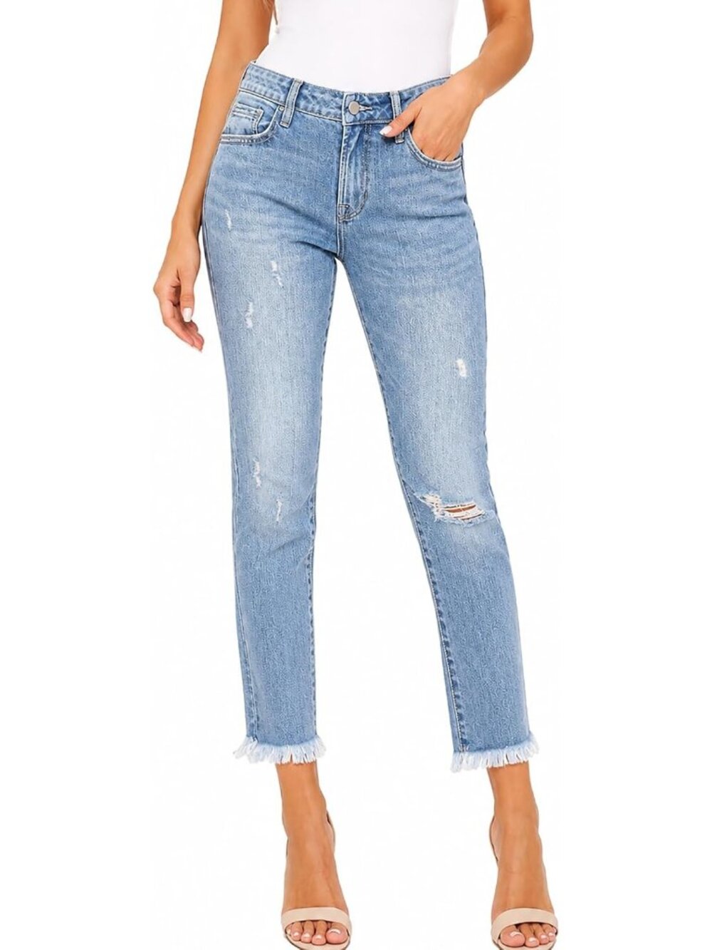 Women's Blue High Waisted Raw Hem Cropped Jeans Ripped Pocket Straight Leg Pants
